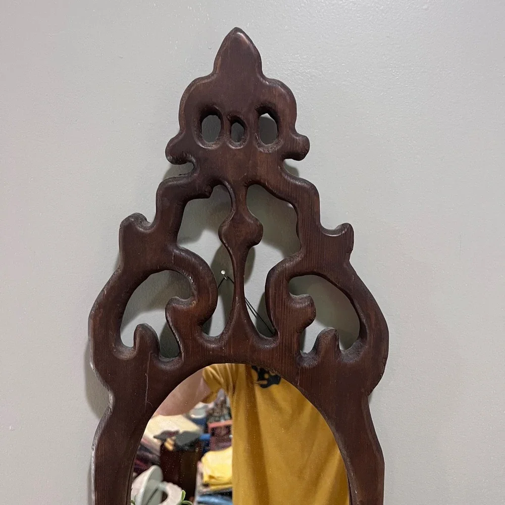 Vtg Rustic Wood Wall Pocket‎ Planter with Mirror Scrollwork Farmhouse Decor 32